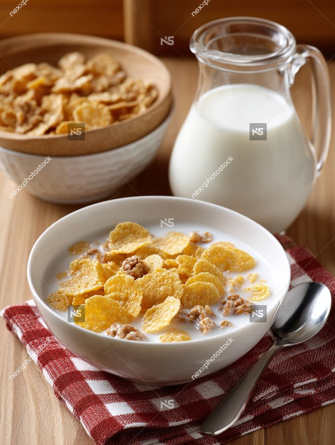 A Bowl Of Cereal With Milk A Carton Of Milk And A Jar Of Cereal On A Wooden Table — Stock Photo
