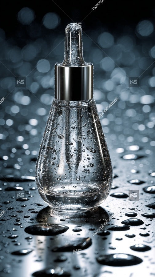 Features A Clear Glass Bottle With A Dropper Cap Filled With Liquid Placed On A Surface With Water Droplets Around It — Stock Photo