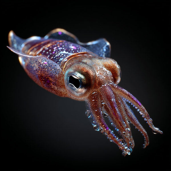 A Close Up Image Of A Vibrant Iridescent Octopus With Glowing Eyes Against A Black Background — Stock Photo