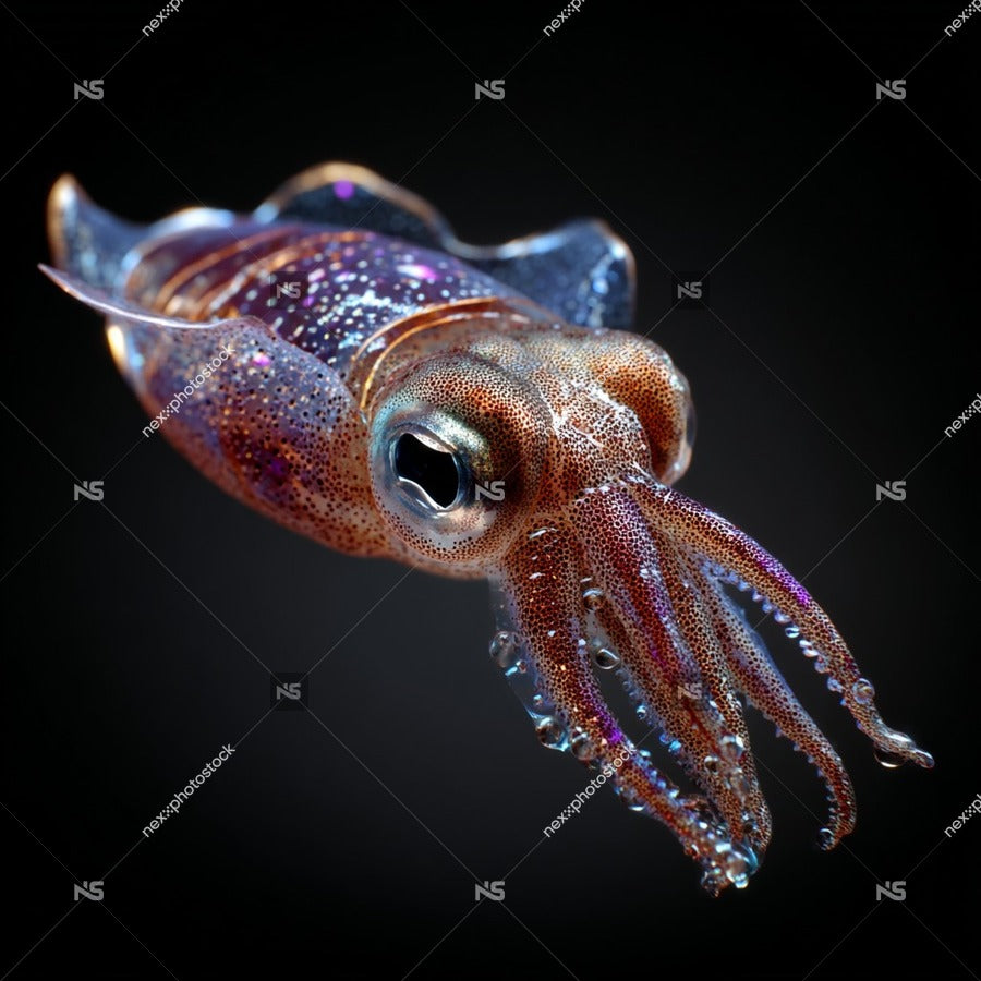 A Close Up Image Of A Vibrant Iridescent Octopus With Glowing Eyes Against A Black Background — Stock Photo