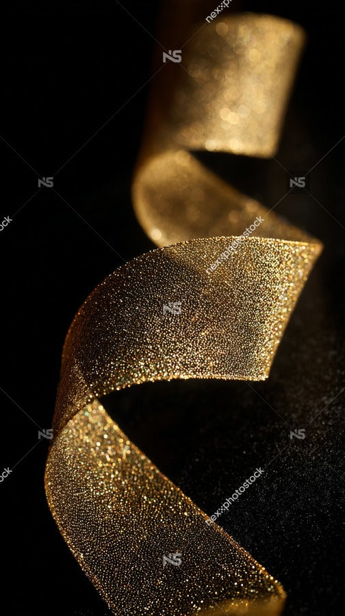 A Close Up Of A Glittering Gold Foil Ribbon With A Curved Shape Set Against A Dark Background — Stock Photo