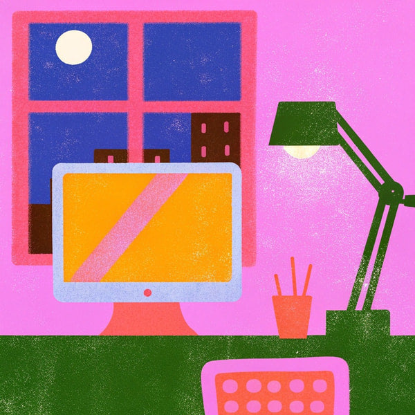 A Well Equipped Home Office With A Desk Computer Monitor Keyboard Mouse And A Window Overlooking A Cityscape Under A Full Moon — Stock Illustration