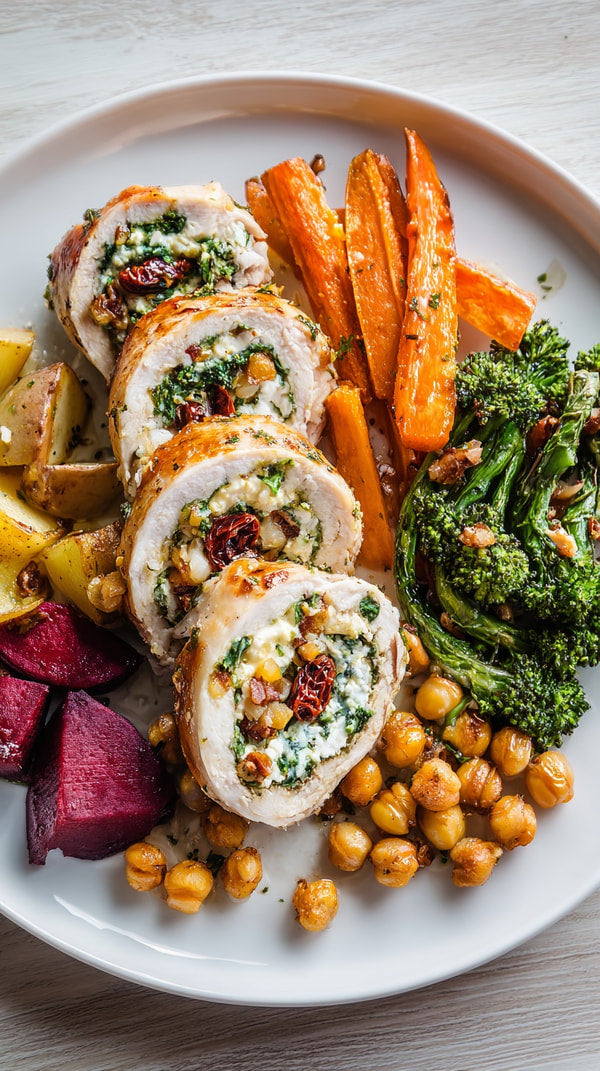 A Plate Of Chicken Rolls And Vegetables Including Carrots And Broccoli Served With A Side Of Hummus — Stock Photo