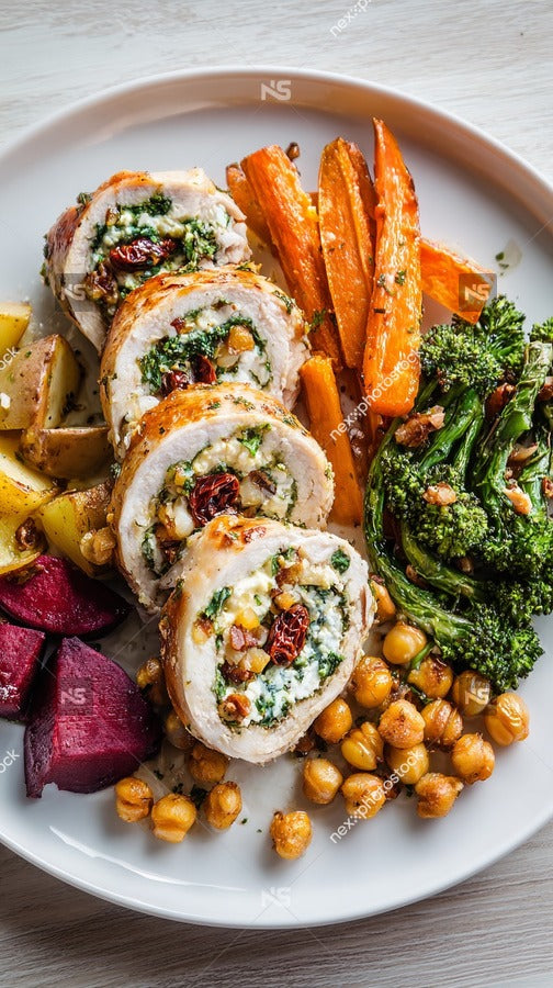 A Plate Of Chicken Rolls And Vegetables Including Carrots And Broccoli Served With A Side Of Hummus — Stock Photo