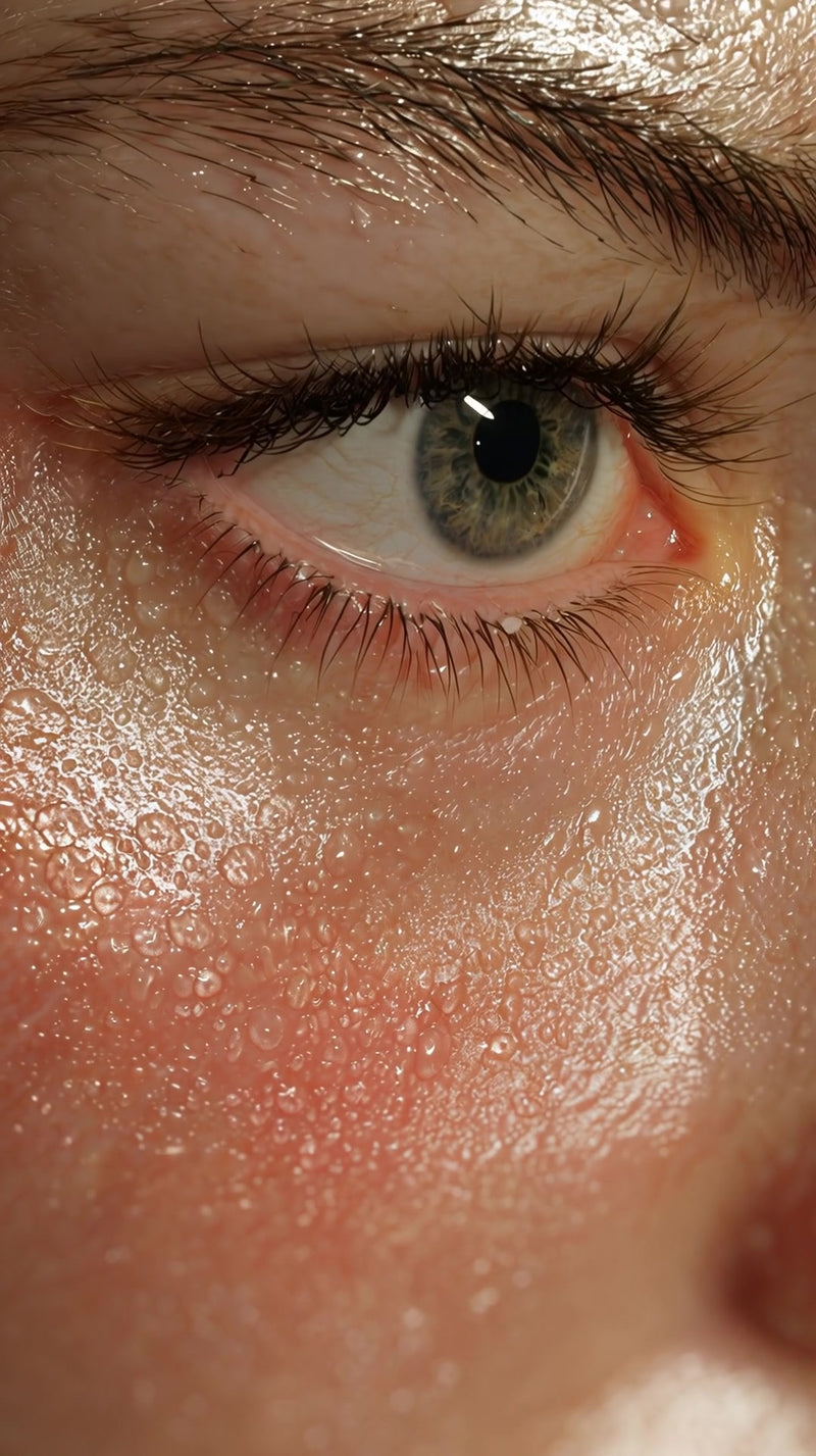 close up of a person s face with red skin irritation and water droplets on the camera lens - Stock Video