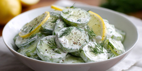 A White Bowl Filled With Sliced Cucumbers Lemon Wedges And A Creamy Dressing Garnished With Fresh Dill On A Table — Stock Photo