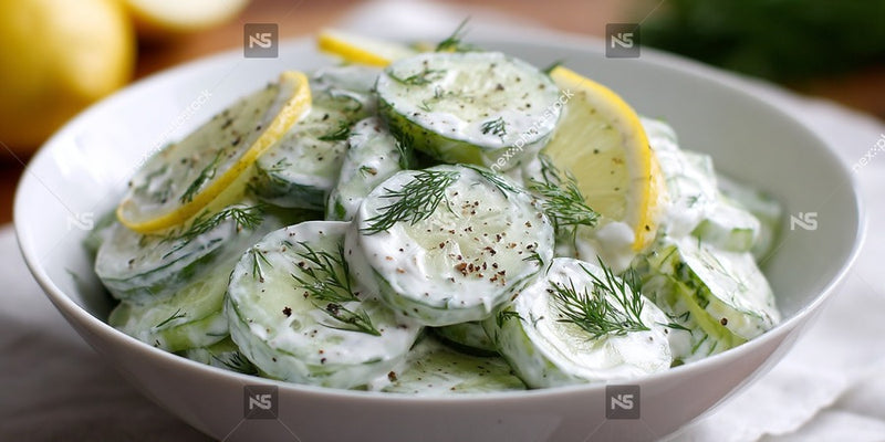 A White Bowl Filled With Sliced Cucumbers Lemon Wedges And A Creamy Dressing Garnished With Fresh Dill On A Table — Stock Photo