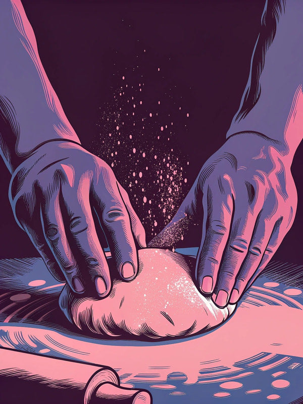 A Person Preparing Food In A Kitchen With Hands Working Dough And Ingredients Scattered Around — Stock Illustration