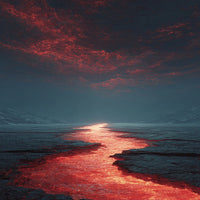 Depicts A Landscape Scene With A Red River Flowing Through A Canyon Leading Towards A Sunset In The Background — Stock Photo