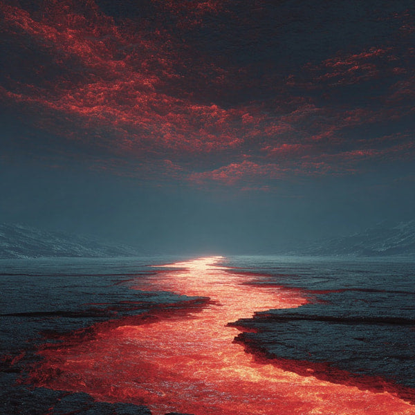 Depicts A Landscape Scene With A Red River Flowing Through A Canyon Leading Towards A Sunset In The Background — Stock Photo