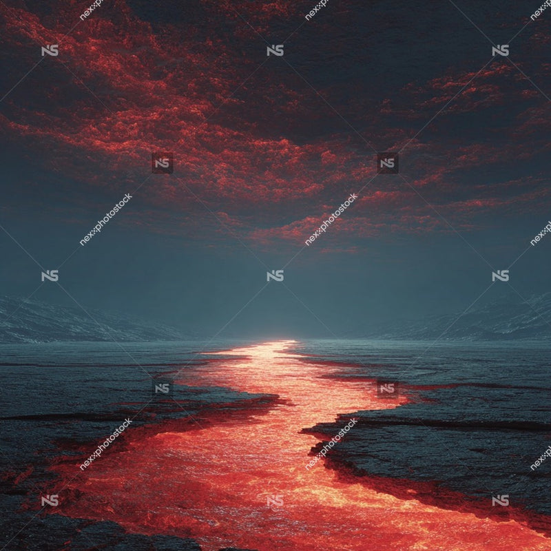 Depicts A Landscape Scene With A Red River Flowing Through A Canyon Leading Towards A Sunset In The Background — Stock Photo