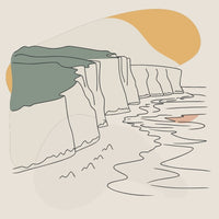 A Digital Illustration Of A Coastal Cliff With A Beach A Sunset And A Body Of Water — Stock Vector