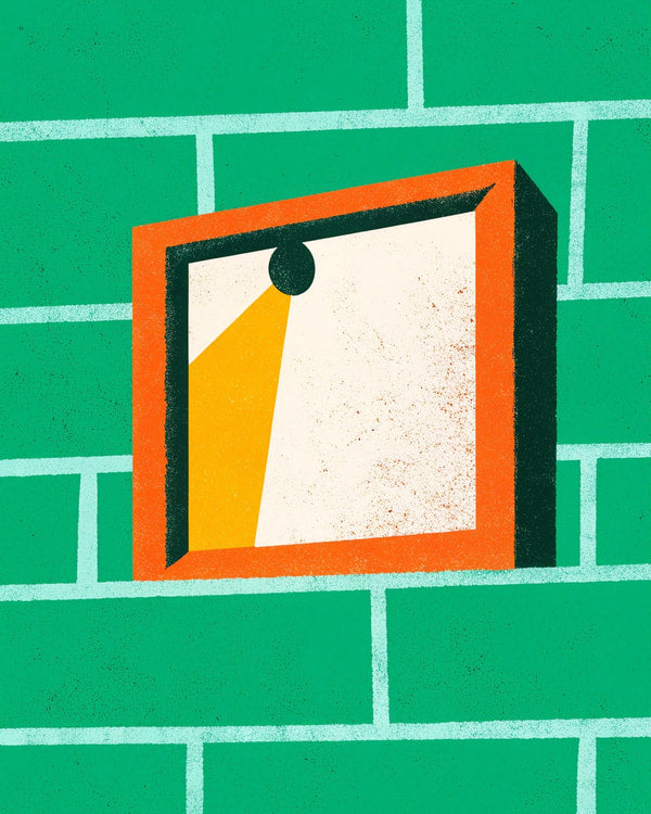Illustration Of A Small Window In A Brick Wall With An Orange Sign And A Magnifying Glass — Stock Illustration