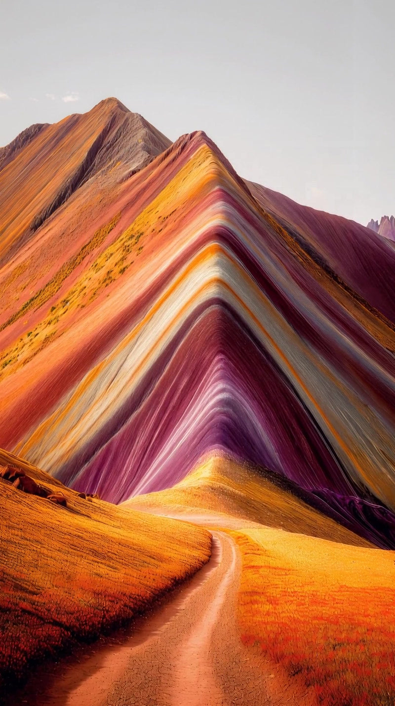 rainbow mountain landscape with a winding dirt road leading up to it showcasing the vibrant colors of the mountain range in peru - Stock Video
