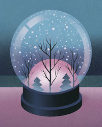 A Snow Globe With Trees And A Pink Sky Showcasing A Serene Winter Scene — Stock Illustration