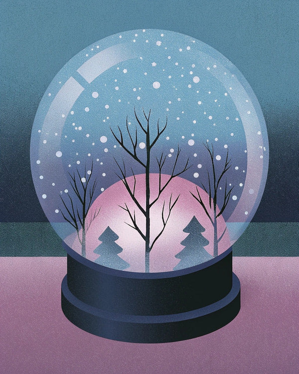 A Snow Globe With Trees And A Pink Sky Showcasing A Serene Winter Scene — Stock Illustration