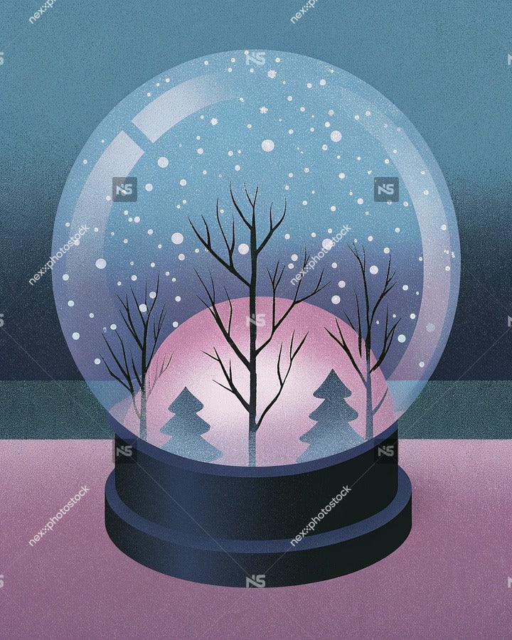 A Snow Globe With Trees And A Pink Sky Showcasing A Serene Winter Scene — Stock Illustration