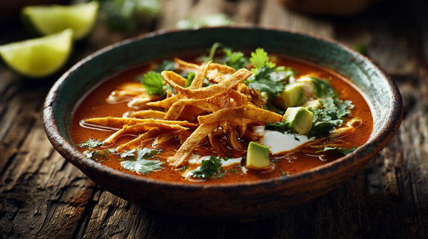 A Bowl Of Spicy Mexican Soup With Tortilla Chips And Lime Wedges On A Wooden Table — Stock Photo