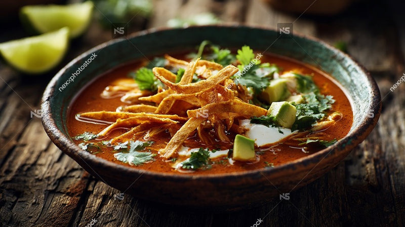 A Bowl Of Spicy Mexican Soup With Tortilla Chips And Lime Wedges On A Wooden Table — Stock Photo