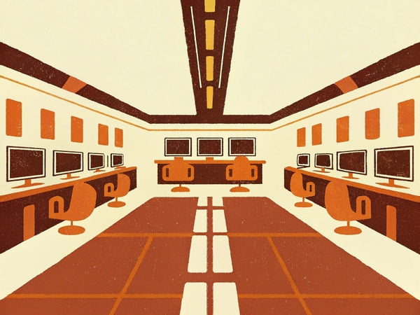 Computer Lab Interior With Multiple Workstations Each Equipped With A Computer Monitor And Keyboard Arranged In Rows On Either Side — Stock Illustration