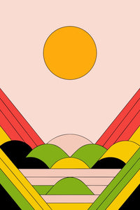 Colorful Abstract Mountain Landscape With A Sunset Vibrant Hues And A Stylized Representation Of A Sun Setting Behind A Mountain Range — Stock Vector