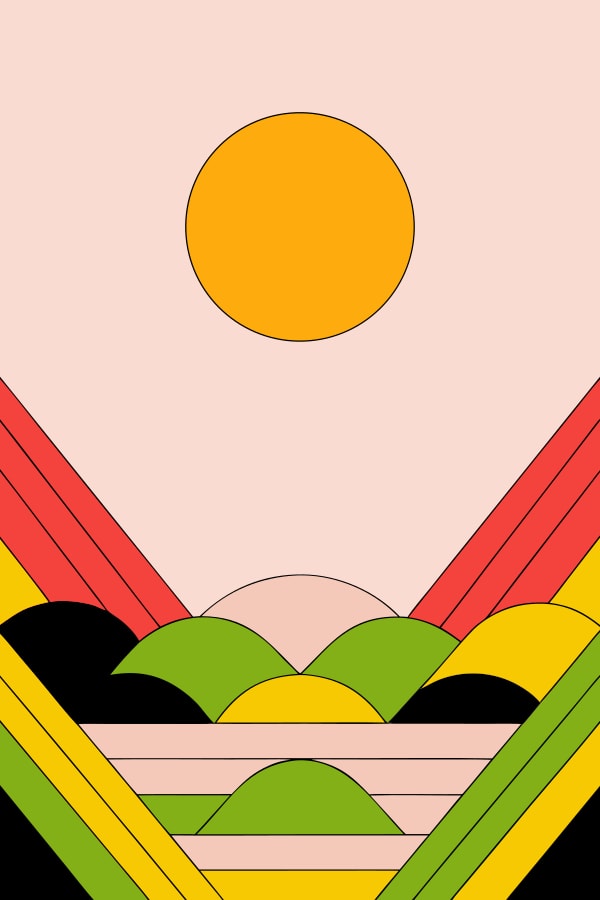 Colorful Abstract Mountain Landscape With A Sunset Vibrant Hues And A Stylized Representation Of A Sun Setting Behind A Mountain Range — Stock Vector