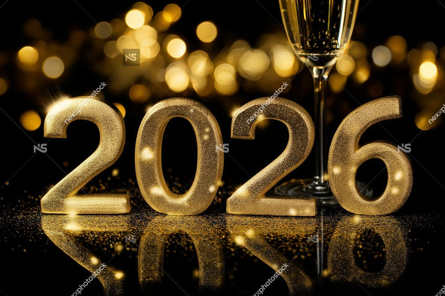 2026 New Year S Eve Celebration With Gold Confetti And Champagne Flutes In The Background — Stock Photo