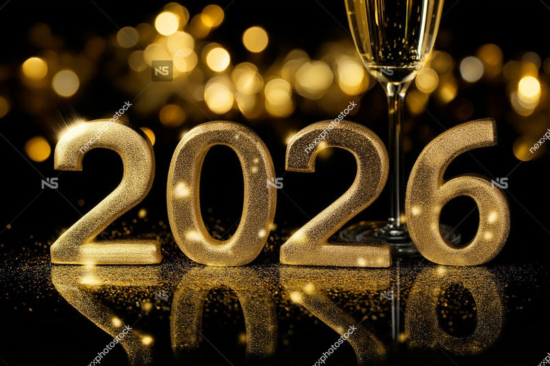 2026 New Year S Eve Celebration With Gold Confetti And Champagne Flutes In The Background — Stock Photo