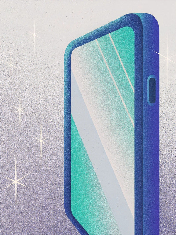 Illustration Of A Vintage Smartphone With A Reflection Set Against A Blue Background With Sparkles — Stock Illustration