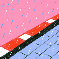 Rainy Day Scene A Red Brick Wall Under A Pink And Blue Sky With Raindrops Falling On A Tiled Floor — Stock Illustration