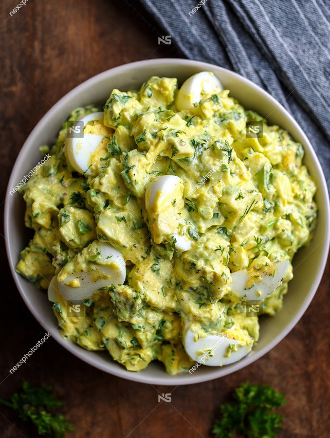 Bowl Of Creamy Egg Salad With Herbs And Lemon Wedges On A Wooden Table — Stock Photo