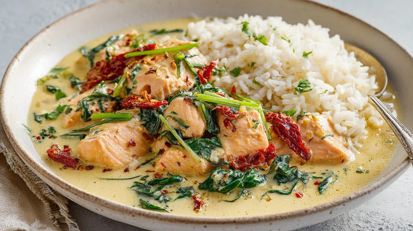Delicious Meal Of Salmon And Rice With A Side Of Greens On A Plate — Stock Photo