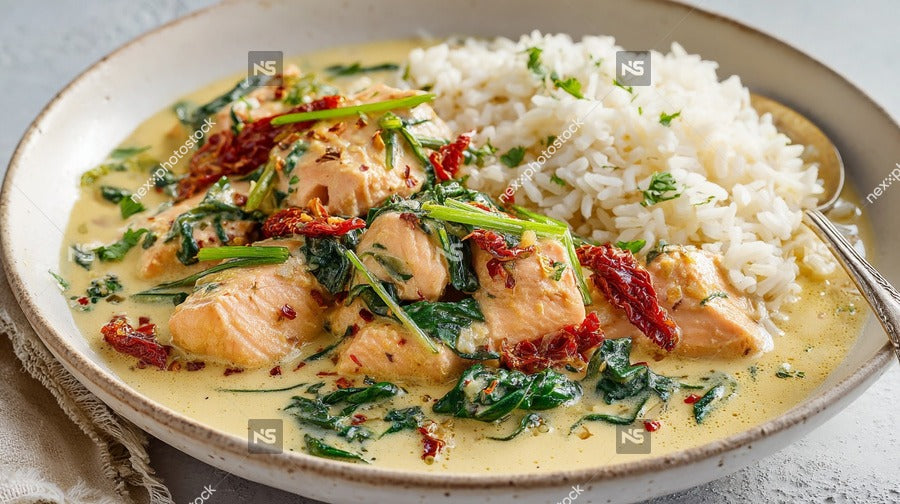 Delicious Meal Of Salmon And Rice With A Side Of Greens On A Plate — Stock Photo