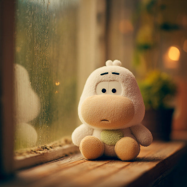 A Stuffed Animal A Monkey Ape Is Sitting By An Open Window With Raindrops On It — Stock Photo