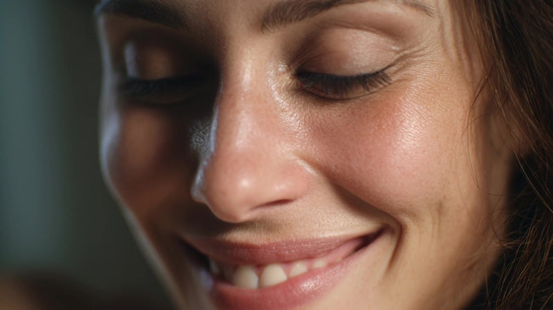 captures a close up of a woman s face showcasing her emotional expression as she gazes off to the side with a slight smile - Stock Video