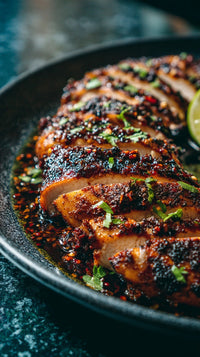 Close Up Of A Plate Of Grilled Meat With Sauce And Garnish On A Dark Surface — Stock Photo