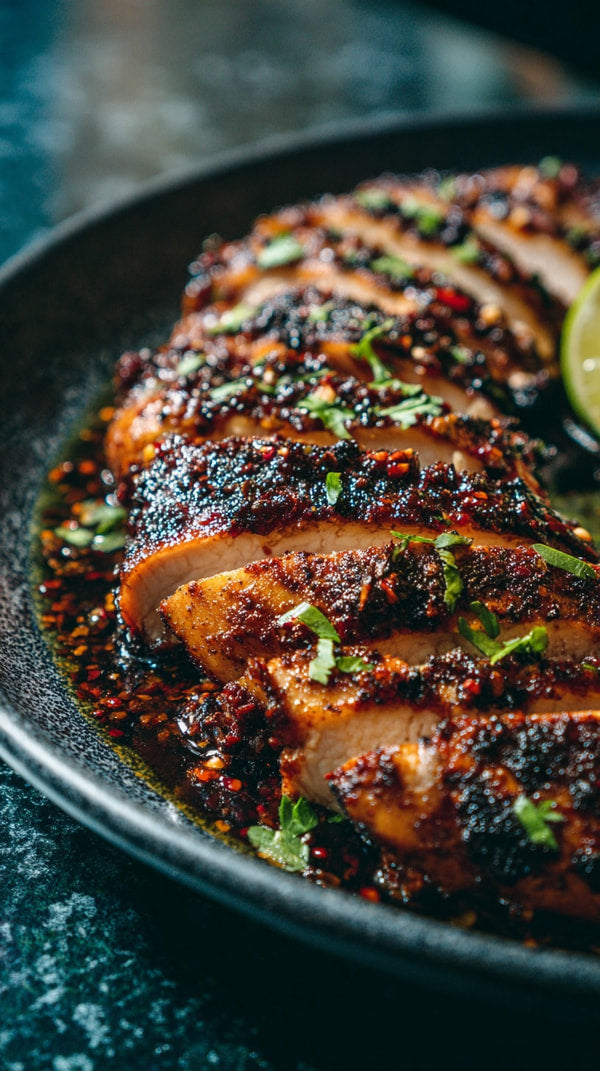 Close Up Of A Plate Of Grilled Meat With Sauce And Garnish On A Dark Surface — Stock Photo