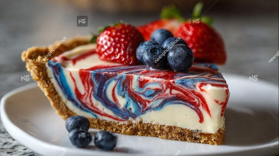 A Slice Of Red White And Blue Cheesecake Topped With Berries On A Plate — Stock Photo