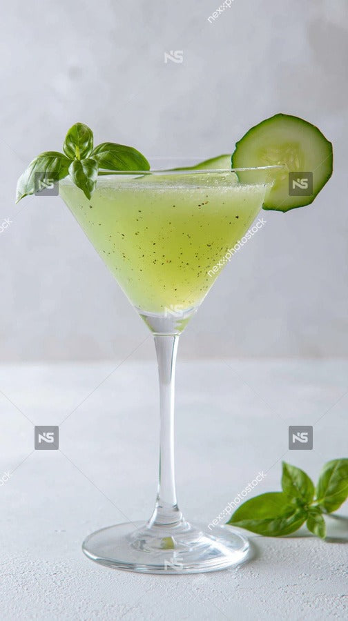 Displays A Refreshing Cocktail Garnished With Cucumber Slices And Mint Leaves Served In A Martini Glass On A White Surface — Stock Photo