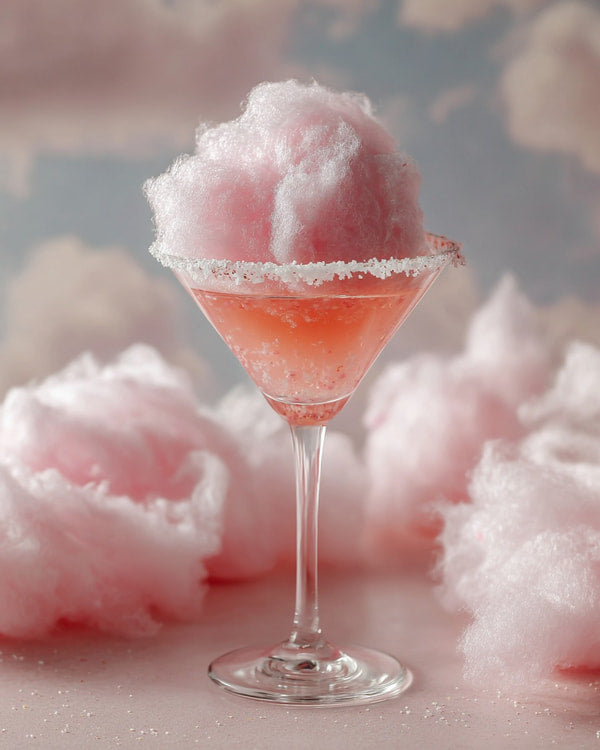 Pink Cotton Candy Cocktail On A White Surface With Pink Fluffy Clouds In The Background — Stock Photo