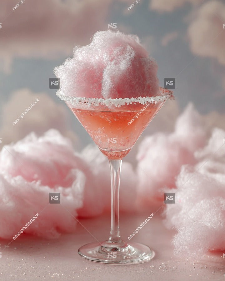 Pink Cotton Candy Cocktail On A White Surface With Pink Fluffy Clouds In The Background — Stock Photo