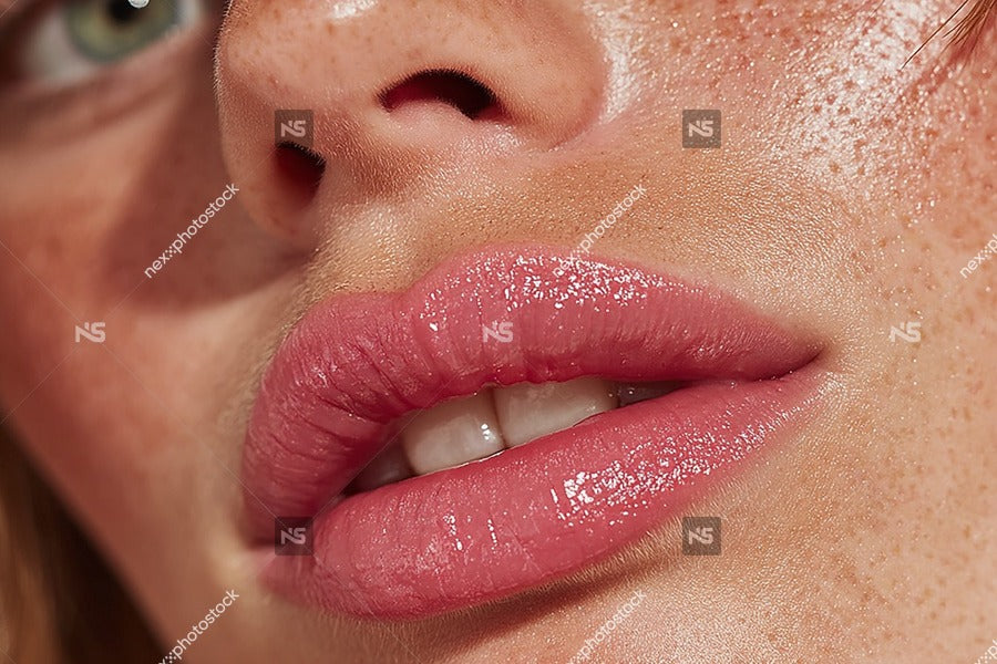 A Close Up Of A Woman S Lips With Glossy Lipstick Applied Showcasing Its Texture And Shine — Stock Photo