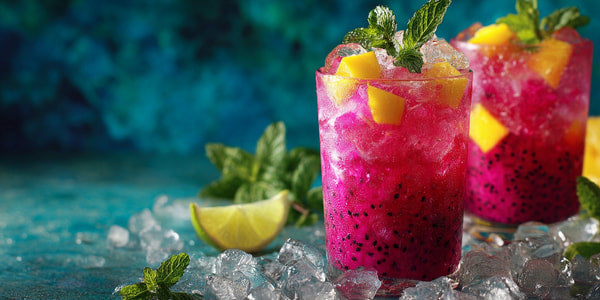 Three Glasses Of Pink And Yellow Cocktails On Ice With Mint Leaves Garnished With Lime Wedges Set Against A Blue Background — Stock Photo