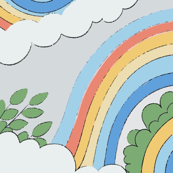 Colorful Rainbow Clouds With A Blue Sky Background And A Few Green Leaves On The Bottom Left Corner — Stock Vector