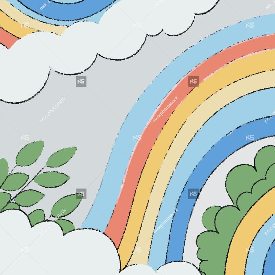 Colorful Rainbow Clouds With A Blue Sky Background And A Few Green Leaves On The Bottom Left Corner — Stock Vector