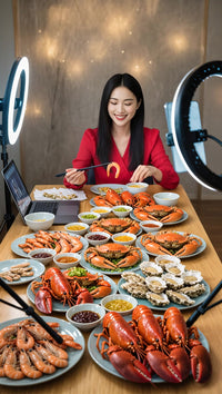 a woman is seated at a table laden with an assortment of seafood dishes including lobsters and crabs ready to be served - Stock Video