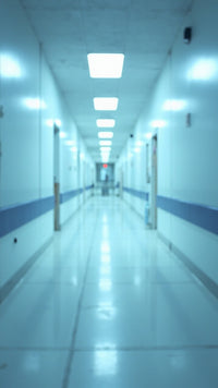 Empty Hospital Hallway With Blue Walls And White Flooring Viewed From A Top Down Perspective — Stock Photo