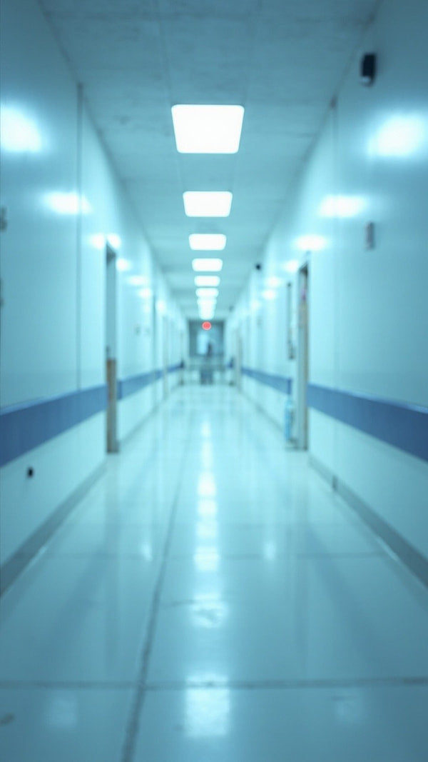 Empty Hospital Hallway With Blue Walls And White Flooring Viewed From A Top Down Perspective — Stock Photo