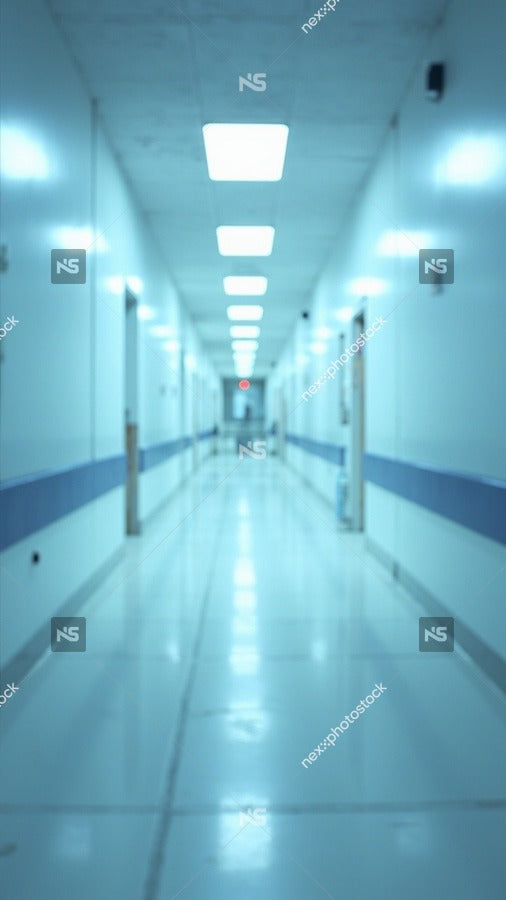 Empty Hospital Hallway With Blue Walls And White Flooring Viewed From A Top Down Perspective — Stock Photo