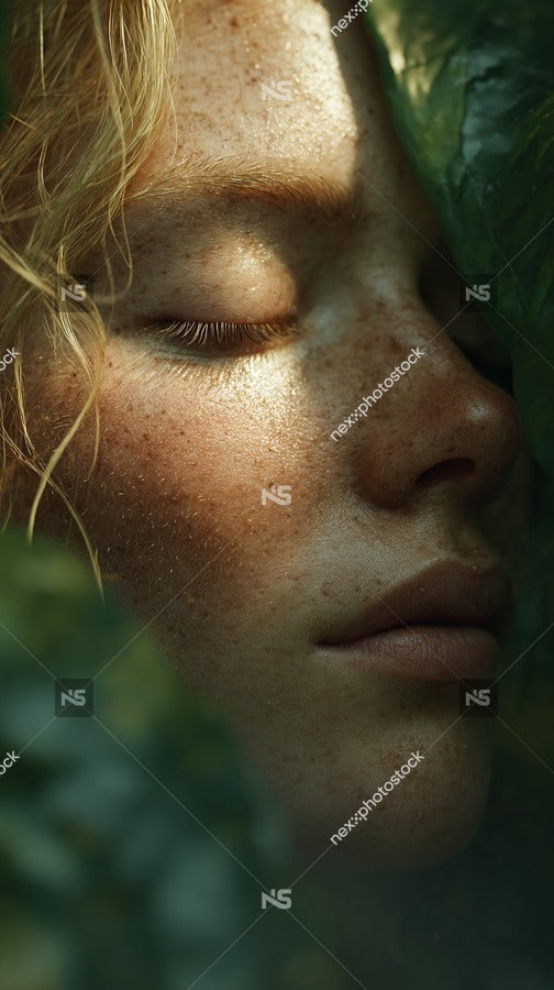 Woman S Face In Close Up Peeking Through Green Leaves Sunlight Filtering Through Soft Focus Background — Stock Photo